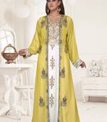 Yellow & White color luxurious Full Sleeves Handmade Two Piece Jacket Style Moroccan Kaftan.