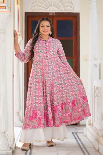 Women'S Plus Size Geomatrical Printed Anarkali Kurti (Pink)
