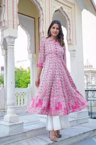 Women'S Geomatrical Printed Anarkali Kurti (Pink)