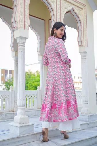 Women'S Geomatrical Printed Anarkali Kurti (Pink)