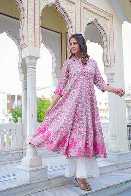Women'S Geomatrical Printed Anarkali Kurti (Pink) 1