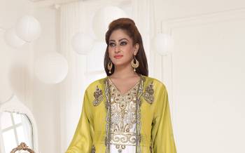 Yellow & White color Full Sleeves Handmade Two Piece Jacket Style Moroccan Kaftan 2
