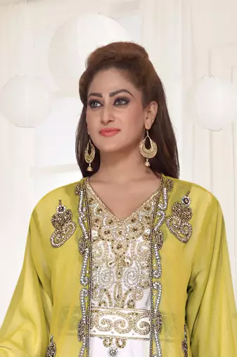 Yellow & White color Full Sleeves Handmade Two Piece Jacket Style Moroccan Kaftan