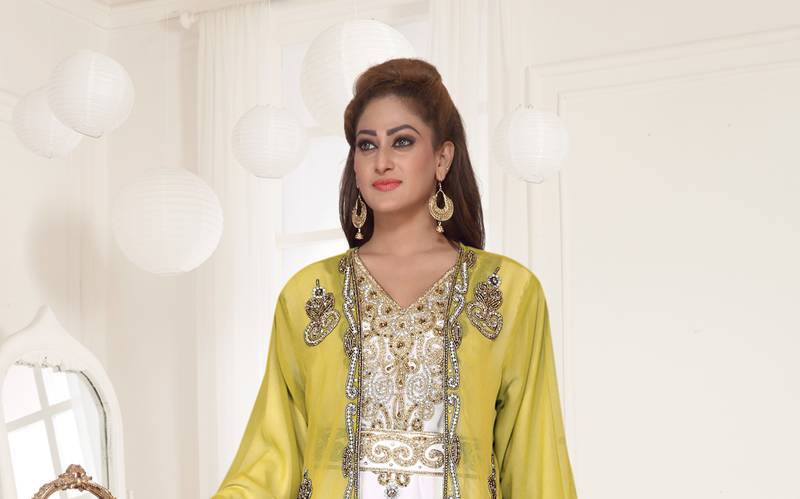 Yellow & White color luxurious Full Sleeves Handmade Two Piece Jacket Style Moroccan Kaftan.