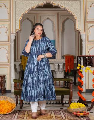 Women'S Plus Size Tie & Dye Printed Anarkali Kurti (Blue) 1