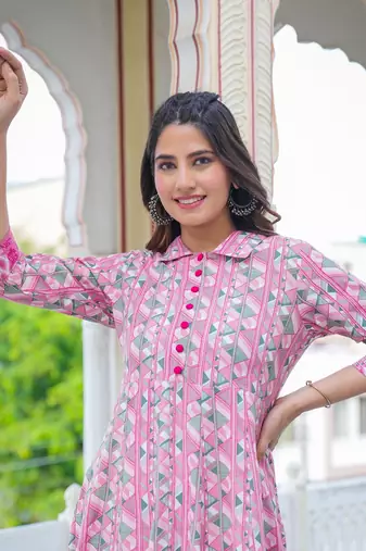 Women'S Geomatrical Printed Anarkali Kurti (Pink)