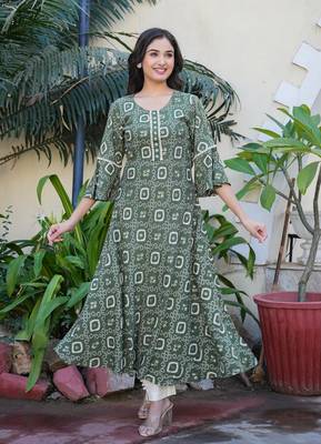 Women'S Rayon Bandhej Printed A-Line Kurta (Green) 2