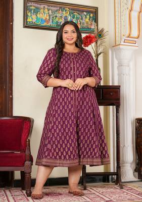 Women'S Plus Size Cotton Gold Print Anarkali Kurti (Wine) 2