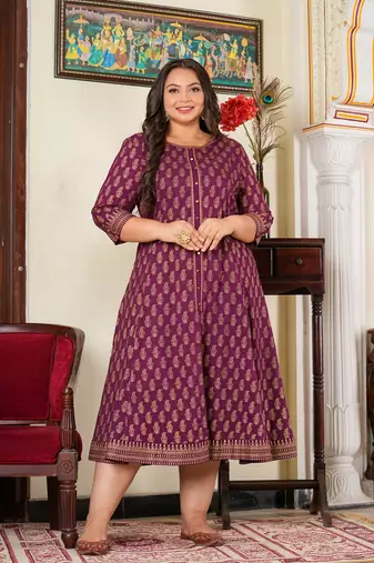 Women'S Plus Size Cotton Gold Print Anarkali Kurti (Wine)