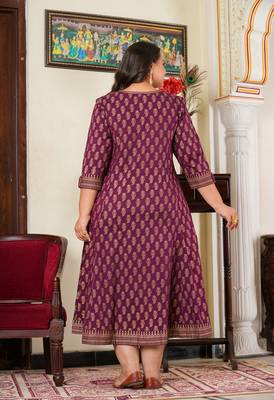 Women'S Plus Size Cotton Gold Print Anarkali Kurti (Wine) 3