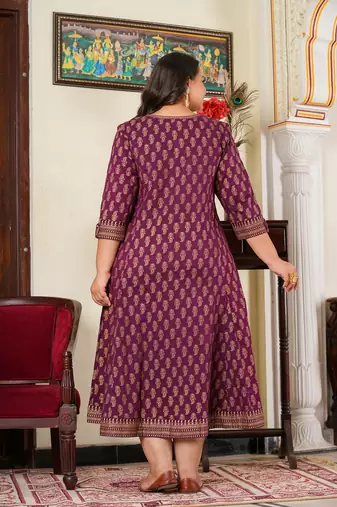 Women'S Plus Size Cotton Gold Print Anarkali Kurti (Wine)