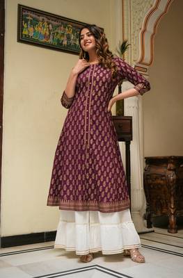 Women'S Cotton Gold Print Anarkali Kurti (Wine) 3