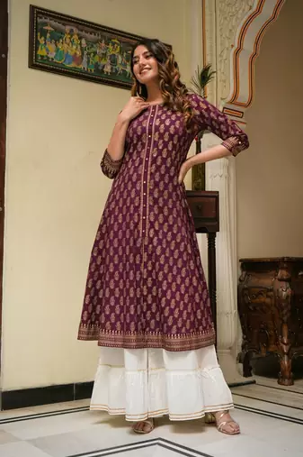 Women'S Cotton Gold Print Anarkali Kurti (Wine)