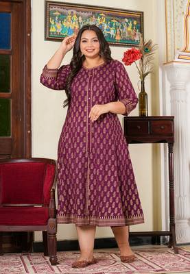 Women'S Plus Size Cotton Gold Print Anarkali Kurti (Wine) 4