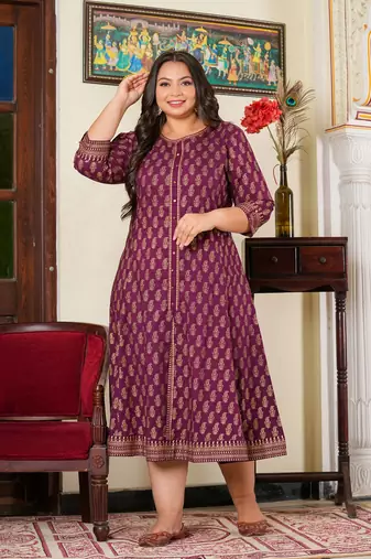 Women'S Plus Size Cotton Gold Print Anarkali Kurti (Wine)