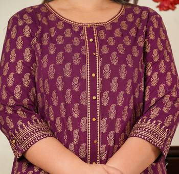 Women'S Plus Size Cotton Gold Print Anarkali Kurti (Wine) 1