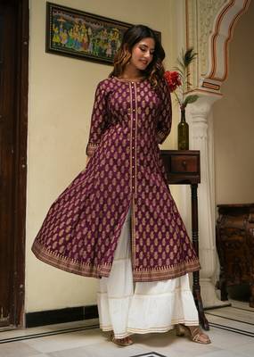 Women'S Cotton Gold Print Anarkali Kurti (Wine) 4