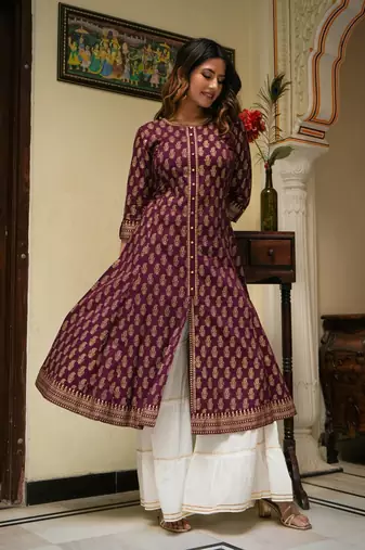 Women'S Cotton Gold Print Anarkali Kurti (Wine)