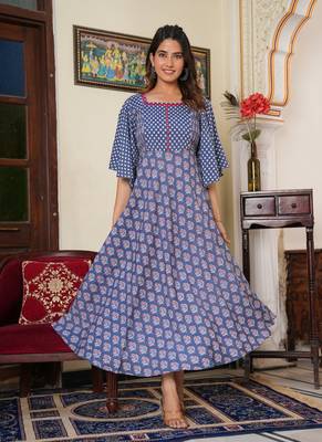 Women'S Floral Printed Smoking Embroidered Maternity Wear Anarkali Dress (Grey) 2