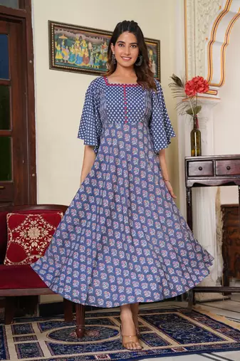 Women'S Floral Printed Smoking Embroidered Maternity Wear Anarkali Dress (Grey)