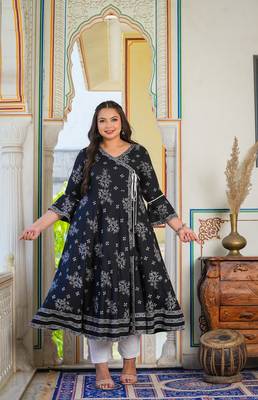 Women'S Plus Size Rayon Floral Printed Anarkali Kurti (Black) 2