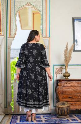 Women'S Plus Size Rayon Floral Printed Anarkali Kurti (Black) 1
