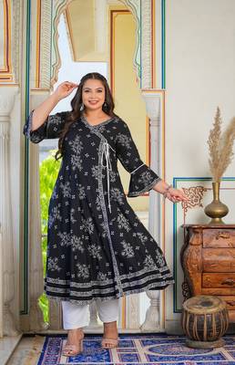 Women'S Plus Size Rayon Floral Printed Anarkali Kurti (Black) 3