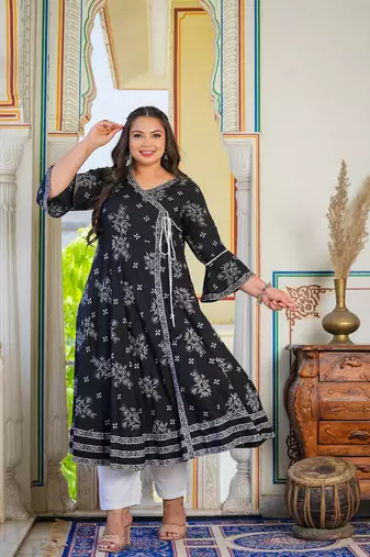 Women'S Plus Size Rayon Floral Printed Anarkali Kurti (Black)