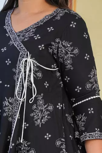 Women'S Plus Size Rayon Floral Printed Anarkali Kurti (Black)