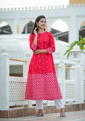 Women'S Cotton Ikat Printed A-Line Kurta (Red) 1