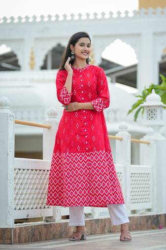 Women'S Cotton Ikat Printed A-Line Kurta (Red)