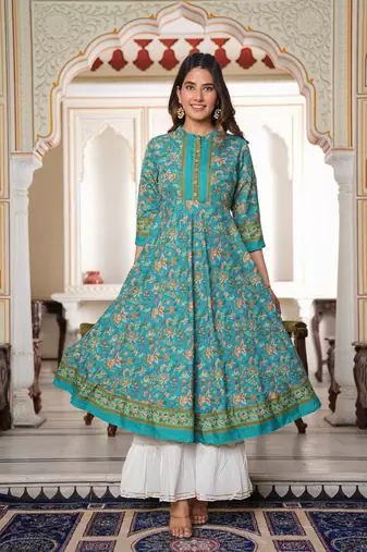 Women'S Floral Printed Anarkali Kurti (Green)