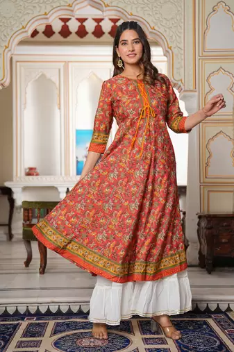 Women'S Floral Printed Anarkali Kurti (Red)