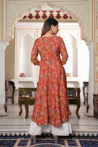 Women'S Floral Printed Anarkali Kurti (Red)