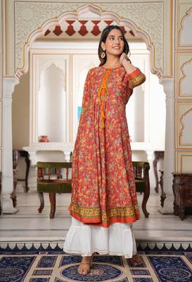 Women'S Floral Printed Anarkali Kurti (Red) 1
