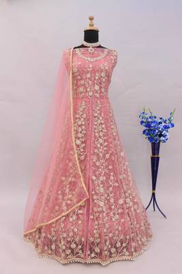 Pink embroidered net anarkali suit 4