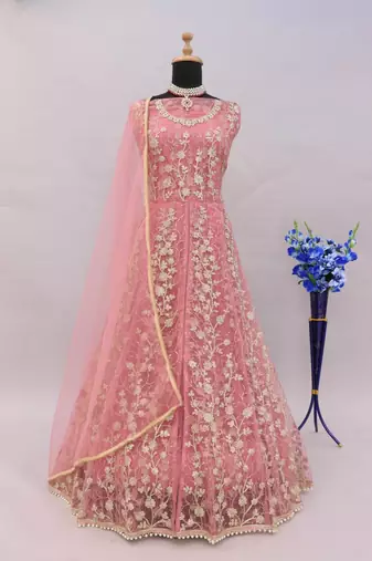 Pink embroidered net anarkali suit