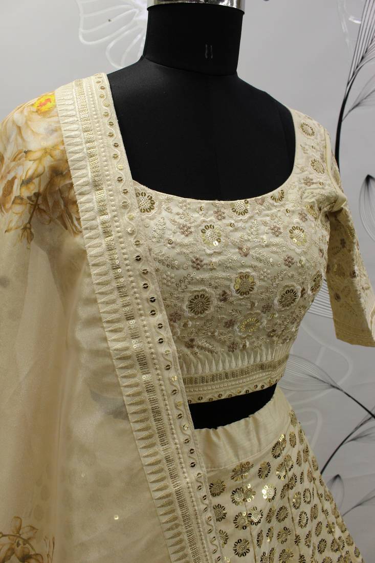 Beige Colored Thread & Sequins Embroidered Art Silk Lehenga Choli For Bride