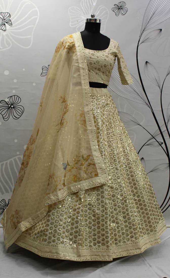 Beige Colored Thread & Sequins Embroidered Art Silk Lehenga Choli For Bride