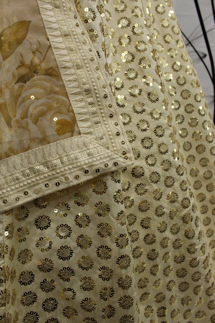 Beige Colored Thread & Sequins Embroidered Art Silk Lehenga Choli For Bride