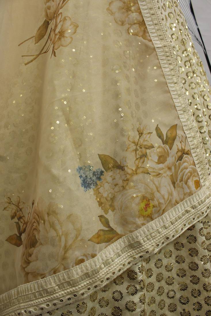 Beige Colored Thread & Sequins Embroidered Art Silk Lehenga Choli For Bride