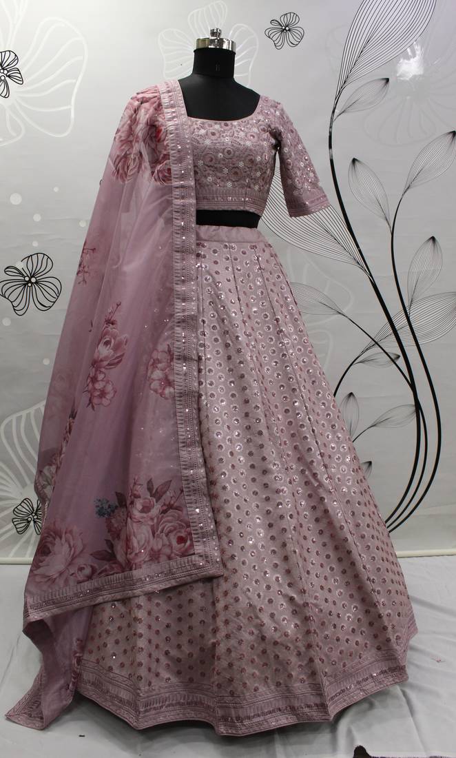  Dusty Pink Colored Thread & Sequins Embroidered Art Silk Lehenga Choli For Bride