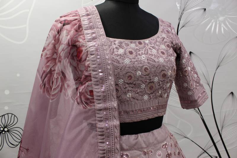  Dusty Pink Colored Thread & Sequins Embroidered Art Silk Lehenga Choli For Bride