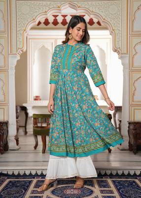 Women'S Floral Printed Anarkali Kurti (Green) 1