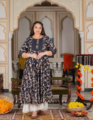 Women'S Plus Size Rayon Abstract Printed Anarkali Kurta (Blue) 2