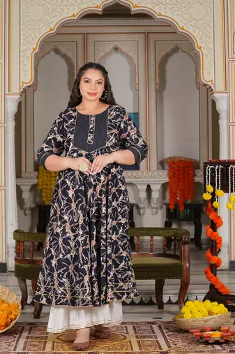 Women'S Plus Size Rayon Abstract Printed Anarkali Kurta (Blue)