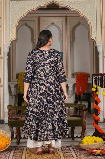 Women'S Plus Size Rayon Abstract Printed Anarkali Kurta (Blue)