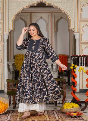 Women'S Plus Size Rayon Abstract Printed Anarkali Kurta (Blue) 1