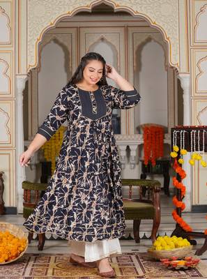 Women'S Plus Size Rayon Abstract Printed Anarkali Kurta (Blue) 4