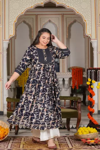 Women'S Plus Size Rayon Abstract Printed Anarkali Kurta (Blue)